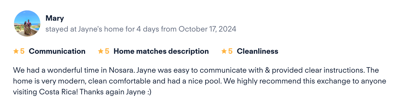 Verified review from Mary for Casa Namaste Nosara